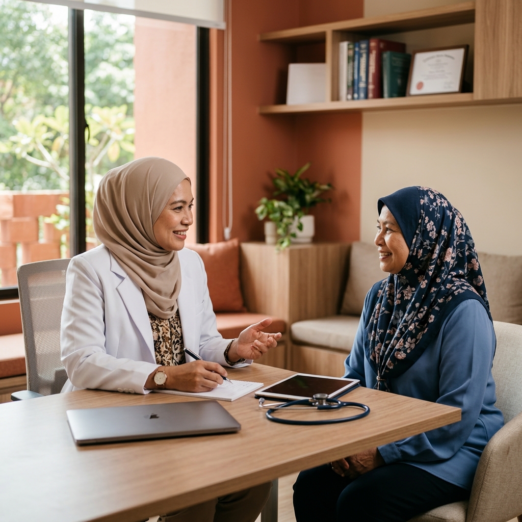 Dr Sakinah Rosman consulting patient at Sakinah Medcare Clinic